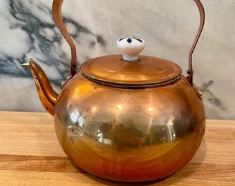 Vintage Copper Tea Pot with Blue and White Ceramic Handles