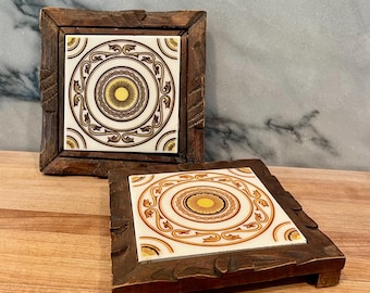 Set of 2 Vintage Mexican Tile and Wooden Trivets
