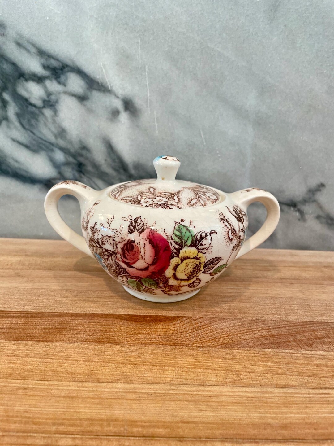 Vintage Brown Transferware Floral Sugar Bowl Rose Arbor by Nasco - Etsy