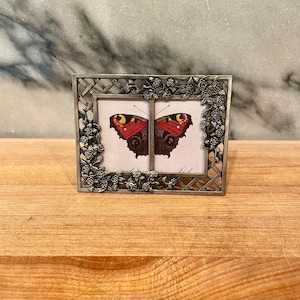 May include: A rectangular silver-toned metal picture frame featuring a lattice pattern and decorative rose motifs along the edges. The frame contains a split insert displaying a detailed illustration of a butterfly with red, black, and yellow wings.