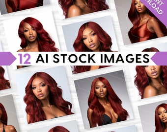 12 AI Stock Photos Bundle, Glamorous Beauty Model, Stock Images, Glam, Red Hair Wig, Makeup, Lashes, Brows, Lifestyle, Branding Collection