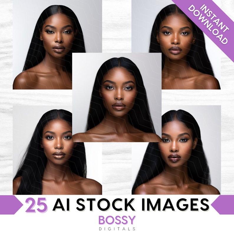 May include: A set of 25 AI-generated stock images featuring a Black woman with long black hair. The images are available for instant download. The text "25 AI STOCK IMAGES" and "BOSSY DIGITALS" is displayed at the bottom of the image.