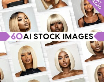 60 AI Stock Photos Bundle, Beauty Model, Blonde Bob Bangs Hair Wig, Stock Images, Chic, Glam, Makeup, Lashes, Lifestyle, Branding Collection
