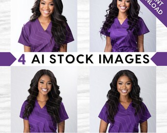 AI Medical Stock Images: Nurse, Doctor in Purple Scrubs, Melanin Beauty, Bundle Set (PNG Digital Download)