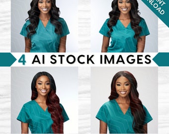 AI Medical Stock Images: Nurse, Doctor in Teal Green Scrubs, Melanin Beauty, Bundle Set (PNG Digital Download)