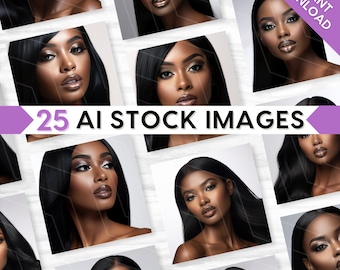 25 AI Stock Photos Bundle, Glamorous Beauty Model, Stock Images, Glam Makeup, Face, Lashes, Brows, Black Hair Wig, Lifestyle, Branding Set