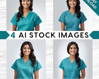 AI Medical Stock Images: Nurse, Doctor in Teal Green Scrubs, Indian / South Asian Beauty, Bundle Set (PNG Digital Download)