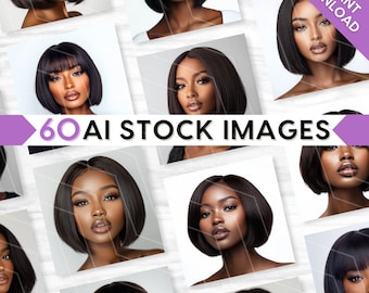 60 AI Stock Photos Bundle, Beauty Model, Bob Bangs Hair Wig, Stock Images, Chic, Glam, Makeup, Lashes, Brows, Lifestyle, Branding Collection
