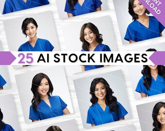 AI Medical Stock Images: Nurse, Doctor in Blue Scrubs, Asian Beauty, Bundle Set (PNG Digital Download)