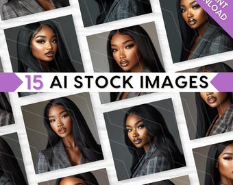 AI Stock Images: Glamorous Business Woman, Melanin Beauty Model, Bundle Set (PNG Digital Download)