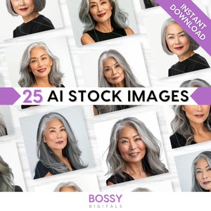 25 枚の AI ストック写真バンドル、ビューティーモデル、ストック画像、ナチュラルメイク、長い白髪のウィッグボブヘアスタイル、年配の女性、ライフスタイル ブランディング セット