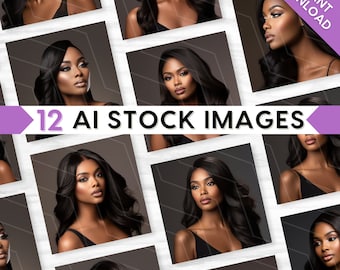 12 AI Stock Photos Bundle, Glamorous Beauty Model, Stock Images, Chic, Glam, Makeup, Lashes, Brows, Hair Wig, Lifestyle, Branding Collection