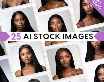 May include: A collection of 25 AI-generated stock images featuring portraits of Black women with long, dark hair. The images are arranged in a grid pattern on a white background.