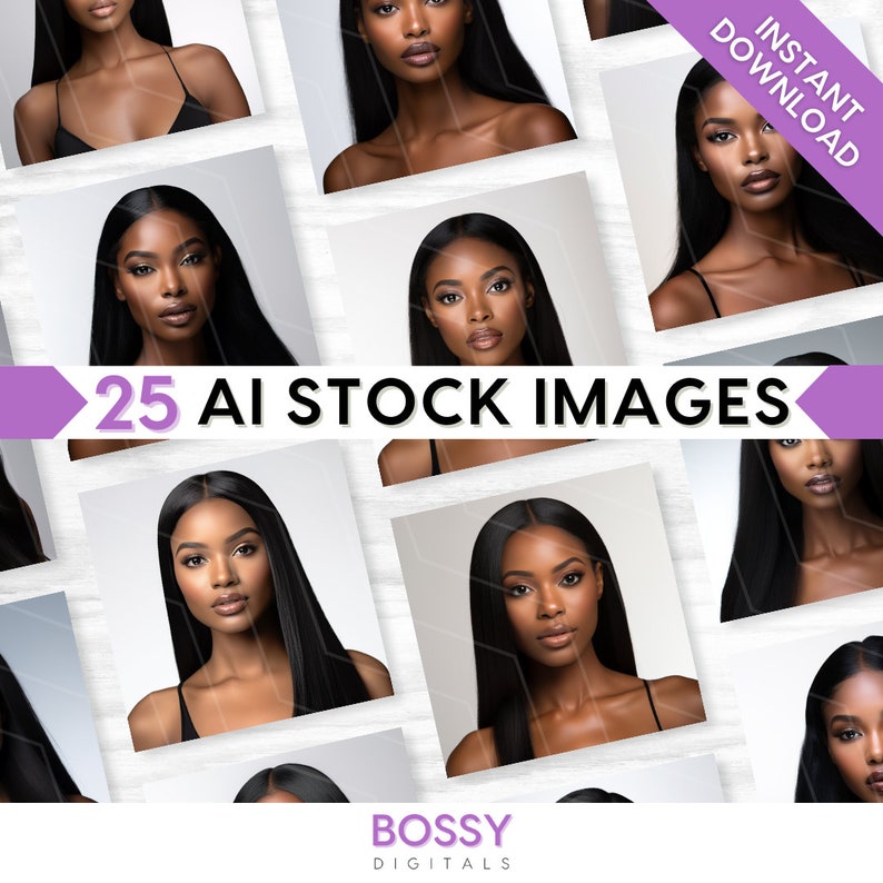 May include: A collection of 25 AI-generated stock images featuring portraits of Black women with long, dark hair. The images are arranged in a grid pattern on a white background.