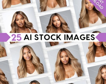 AI Beauty Stock Images: Natural Makeup, Melanin Model, Honey Blonde Wig, Bundle Set (PNG Digital Download)
