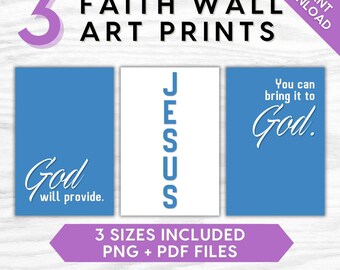 Faith Wall Art Prints Set of 3, Christian Quote Printable, Minimalist God Jesus Faith Decor, Blue Aesthetic Bible Wall Art, Instant Download