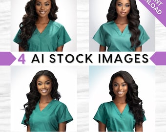 AI Medical Stock Images: Nurse, Doctor in Teal Green Scrubs, Melanin Beauty, Bundle Set (PNG Digital Download)