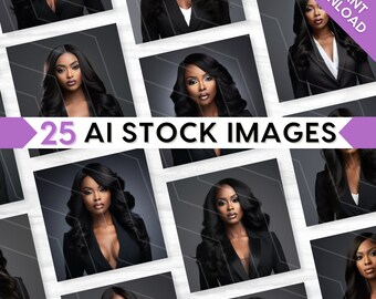 AI Stock Images: Glamorous Business Woman, Melanin Beauty Model, Bundle Set (PNG Digital Download)