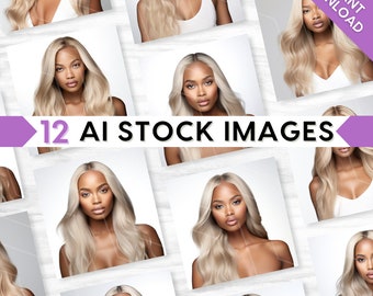12 AI Stock Photos Bundle, Natural Beauty Model, Stock Images, Blonde Hair Wig, Chic, Glam, Makeup, Lashes, Brows, Lifestyle, Branding Set