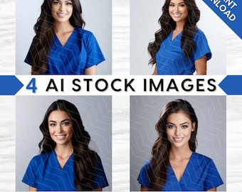 AI Medical Stock Images: Nurse, Doctor in Blue Scrubs, Brunette Beauty, Bundle Set (PNG Digital Download)