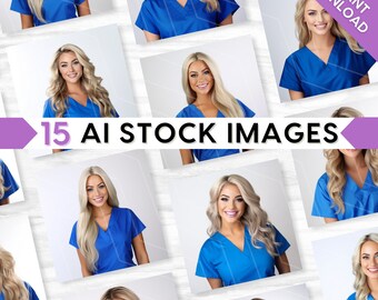 AI Medical Stock Images: Nurse, Doctor in Blue Scrubs, Blonde Beauty, Bundle Set (PNG Digital Download)