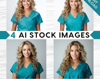 AI Medical Stock Images: Nurse, Doctor in Teal Green Scrubs, Blonde Beauty, Bundle Set (PNG Digital Download)