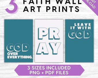 Faith Wall Art Prints Set of 3, Christian Quote Printable, Minimalist God Faith Decor, Teal Blue Aesthetic Bible Wall Art, Instant Download