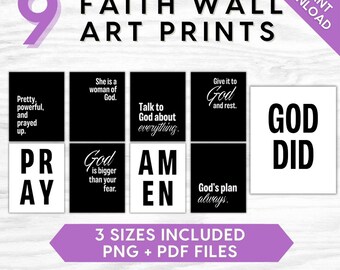 Faith Wall Art Prints Set of 9, Christian Quote Printable, Minimal God Faith Decor, Black + White Aesthetic Bible Wall Art, Instant Download