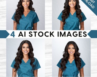 AI Medical Stock Images: Nurse, Doctor in Teal Green Scrubs, Brunette Beauty, Bundle Set (PNG Digital Download)