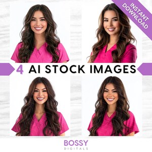AI Medical Stock Images: Nurse, Doctor in Hot Neon Pink Scrubs, Brunette Beauty, Bundle Set (PNG Digital Download)