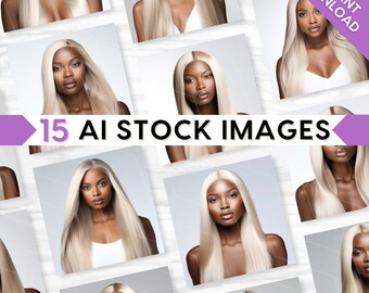 AI Beauty Stock Images: Natural Makeup, Melanin Model, Blonde Wig, Bundle Set (PNG Digital Download)