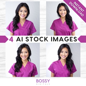 AI Medical Stock Images: Nurse, Doctor in Fuchsia Pink Scrubs, Asian Beauty, Bundle Set (PNG Digital Download)