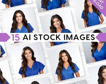 AI Medical Stock Images: Nurse, Doctor in Blue Scrubs, Brunette Beauty, Bundle Set (PNG Digital Download)