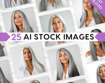 25 AI Stock Photos Bundle, Beauty Model, Stock Images, Natural Makeup, Long Gray White Silver Hair Wig Hairstyle, Older Women, Branding Set
