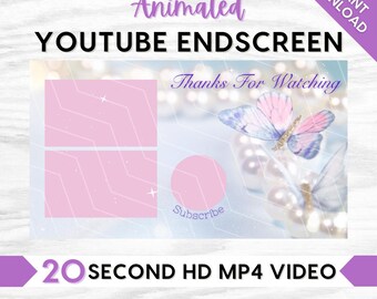 Animated Sparkles Pearls & Butterflies, YouTube End Screen, Outro, Instant Download, Social Media, Content Creator, Pretty Girly Aesthetic