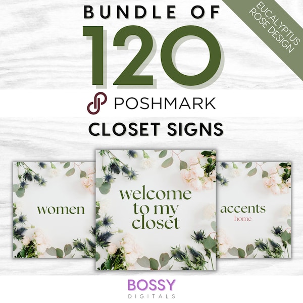 Bundle of 120 Poshmark Closet Signs, Instant Digital Download, PNG Files, Eucalyptus Rose Design, Boho Floral Aesthetic