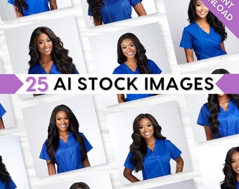 AI Medical Stock Images: Nurse, Doctor in Blue Scrubs, Melanin Beauty, Bundle Set (PNG Digital Download)