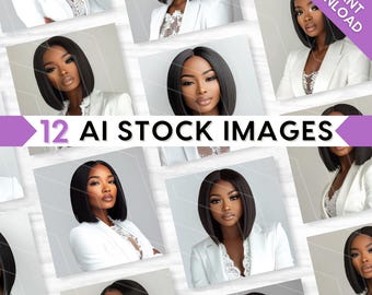 AI Stock Images: Glamorous Business Woman in White Lace Blazer, Melanin Beauty Model, Black Bob Hair Wig, Bundle Set (PNG Digital Download)