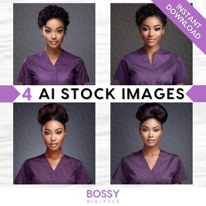 AI Medical Stock Images: Nurse, Doctor in Purple Scrubs, Melanin Beauty, Bundle Set (PNG Digital Download)
