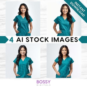 AI Medical Professional Stock Images: Nurse, Doctor in Teal Green Uniform Scrubs (Digital Download)