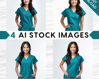 AI Medical Stock Images: Nurse, Doctor in Teal Green Scrubs, Asian Beauty, Bundle Set (PNG Digital Download)