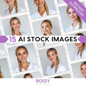 Puede incluir: Un collage de 15 imágenes generadas por IA que muestran a una mujer con el pelo largo trenzado y una camisa blanca. Las imágenes están dispuestas en una cuadrícula sobre un fondo blanco con una pancarta morada en la parte superior que dice "15 IMÁGENES AI STOCK".