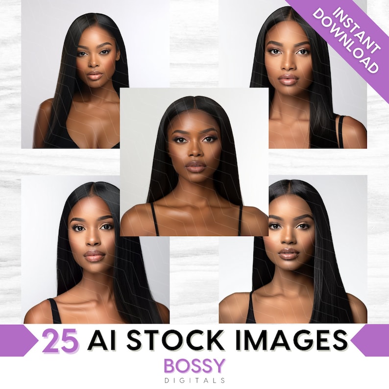 May include: A set of 25 AI-generated stock images featuring a Black woman with long, straight black hair. The woman is wearing a black tank top and has a neutral expression. The images are arranged in a grid pattern on a white background. The text "25 AI STOCK IMAGES" and "BOSSY DIGITALS" is visible at the bottom of the image.