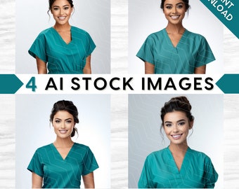 AI Medical Stock Images: Nurse, Doctor in Teal Green Scrubs, Brunette Beauty, Bundle Set (PNG Digital Download)