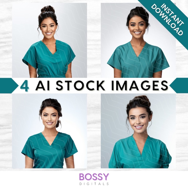 Scrub AI Stock Images, Model Stock Photos, Medical Professional, Nurse, Nursing, Doctor, Uniform, Business, Glam, Dark Hair, Teal Scrubs