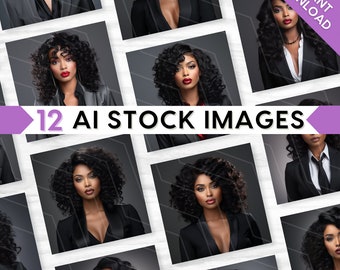 AI Stock Images: Glamorous Business Woman, Melanin Beauty Model with Curly Hair Wig, Bundle Set (PNG Digital Download)