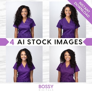 May include: Four digital images of a woman with curly hair wearing a purple scrub top. The images are set against a white background. The text "4 AI STOCK IMAGES" is displayed in the center of the image.