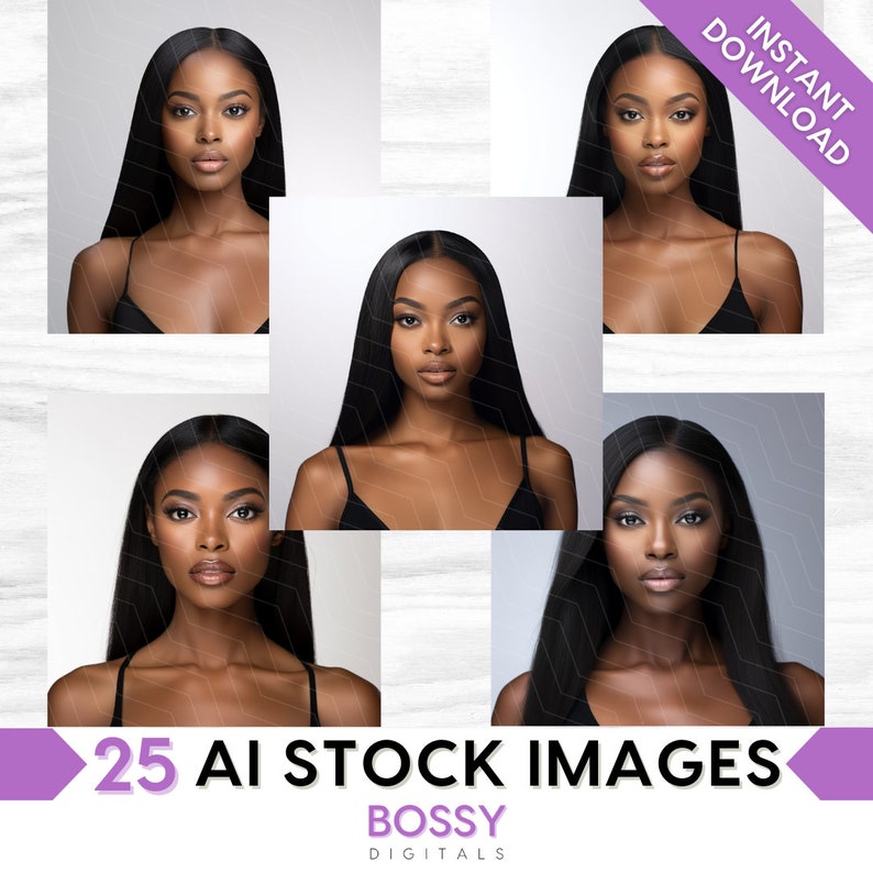 May include: A set of 25 AI-generated stock images featuring a woman with long black hair and a neutral expression. The images are arranged in a grid pattern with a purple banner at the bottom that reads "25 AI STOCK IMAGES" and "BOSSY DIGITALS".
