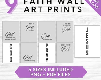 Faith Wall Art Prints Set of 9, Christian Quote Printable, Minimal God Faith Decor, Gray + White Aesthetic Bible Wall Art, Instant Download