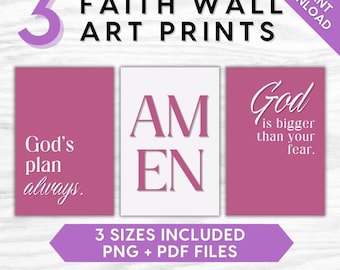 Faith Wall Art Prints Set of 3, Christian Quote Printable, Minimalist God Faith Decor, Rose Pink Aesthetic Bible Wall Art, Instant Download